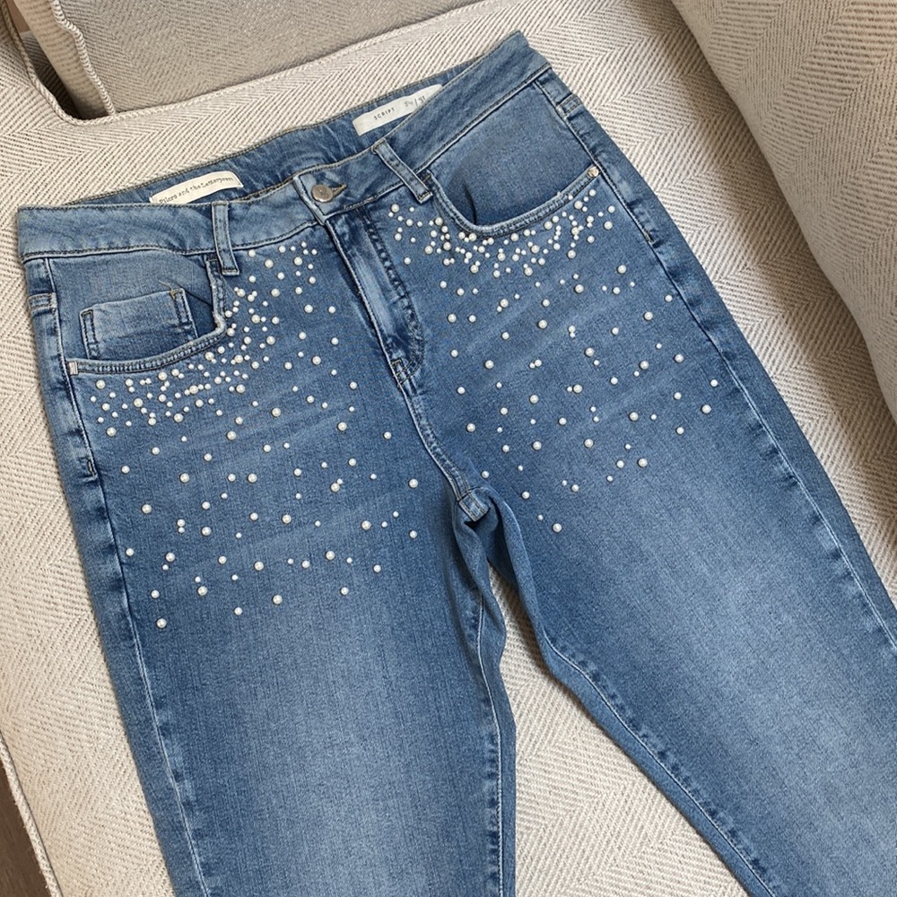 Anthropologie Blue Skinny Jeans with Pearl Embellishments